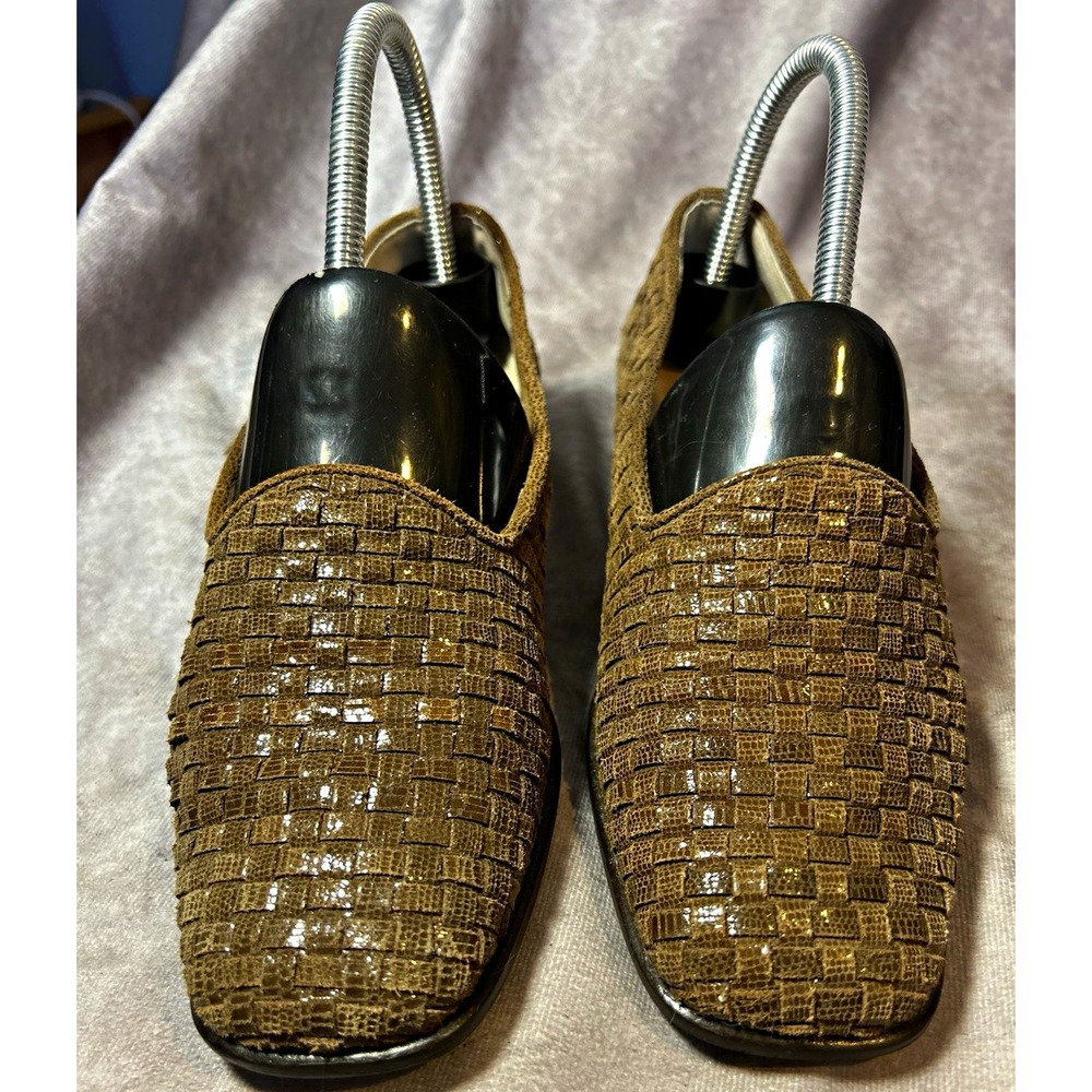 Sesto Meucci Womens 7 Brown Woven Leather Loafers Italy Square Toe Shoes
